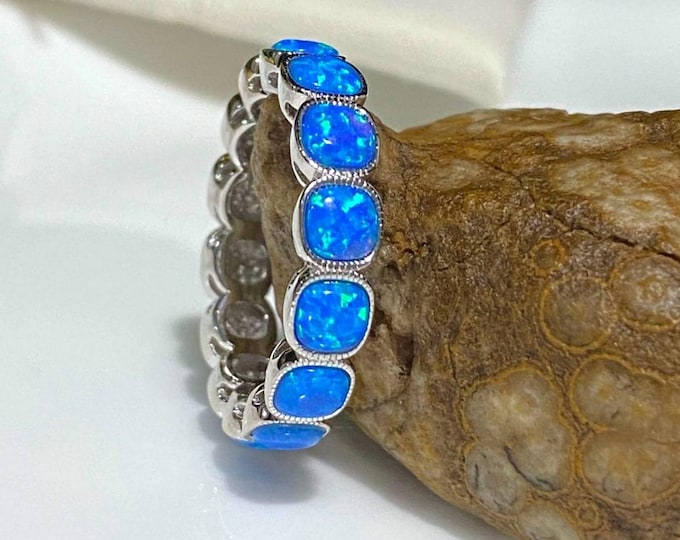 Vintage Sterling Silver Blue Opal Band Ring Size 8