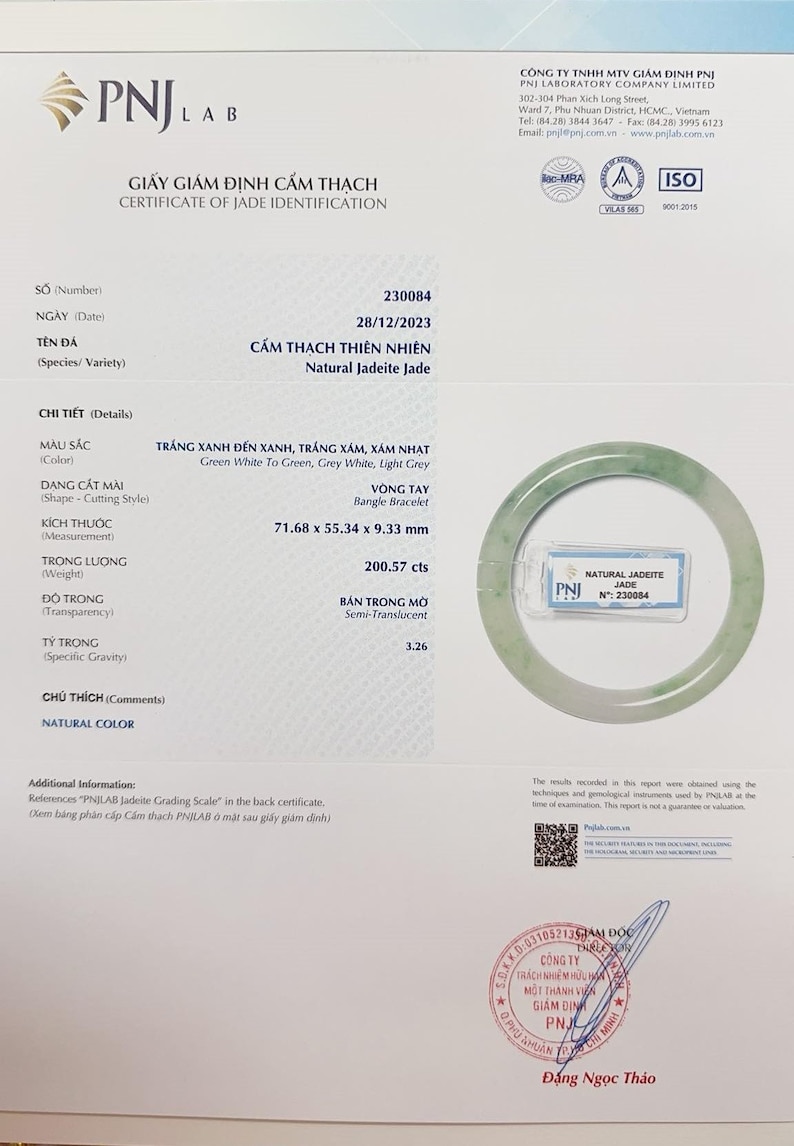 May include: A jadeite jade bangle bracelet certificate with the text "Natural Jadeite Jade" and "PNJLAB" in green and white. The certificate includes details such as the date, color, size, weight, and transparency of the jadeite jade. The certificate number is 230084.