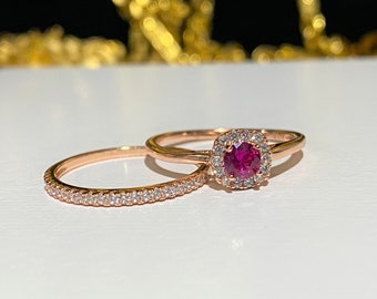 Vintage Sterling Silver Rose Gold Plate Red Ruby, White Topaz Engagement Ring Set Size 6,7,8