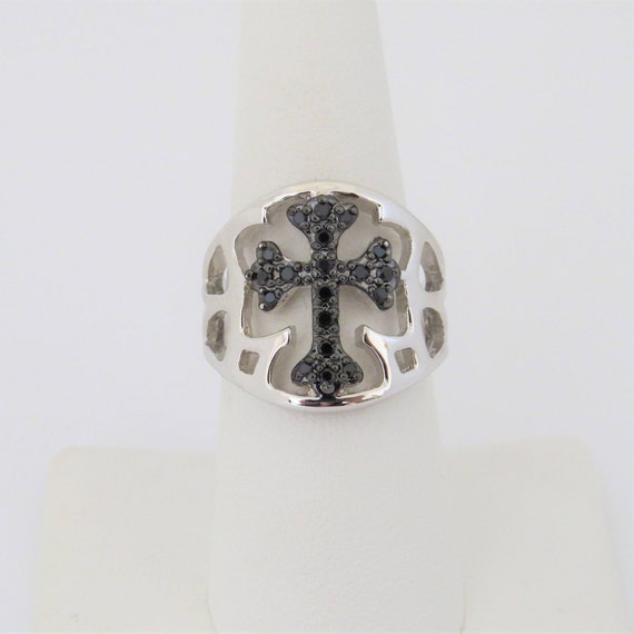 Vintage Sterling Silver Black Sapphire Cross Ring… - image 3