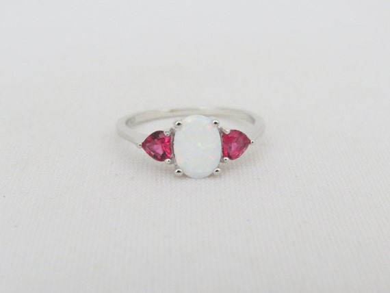 Vintage Sterling Silver White Opal & Red Ruby Rin… - image 1