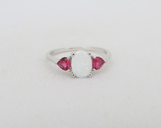 Vintage Sterling Silver White Opal & Red Ruby Ring Size 10