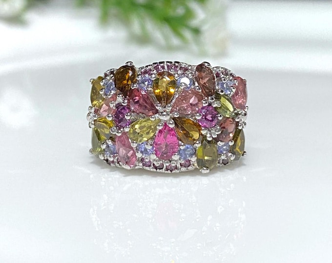 Vintage Sterling Silver Natural Multi Color Tourmaline & Rhodolite Flower Band Ring Size 7.25