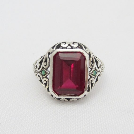 Vintage Sterling Silver Ruby & Green Opal Filigree Ring Size 8