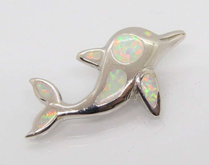 Vintage Sterling Silver White Opal Dolphin Charm Pendant