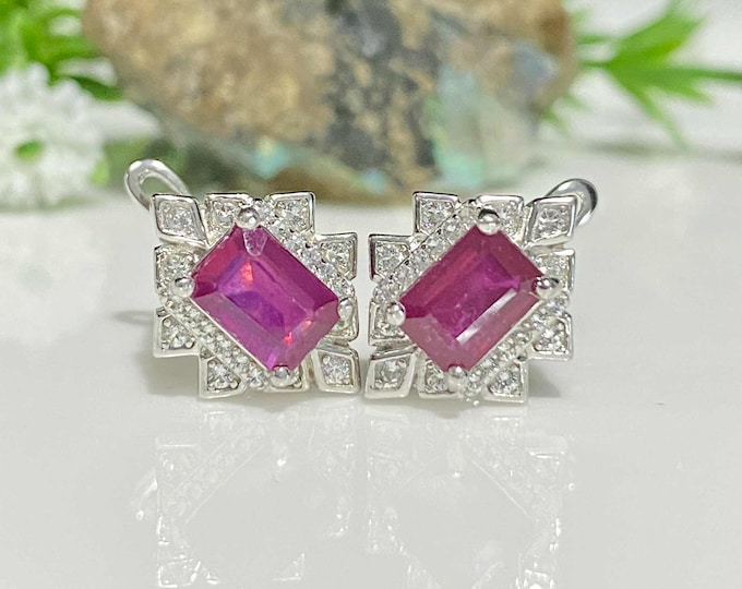 Vintage Sterling Silver Natural Emerald cut Ruby & White Topaz Earrings.