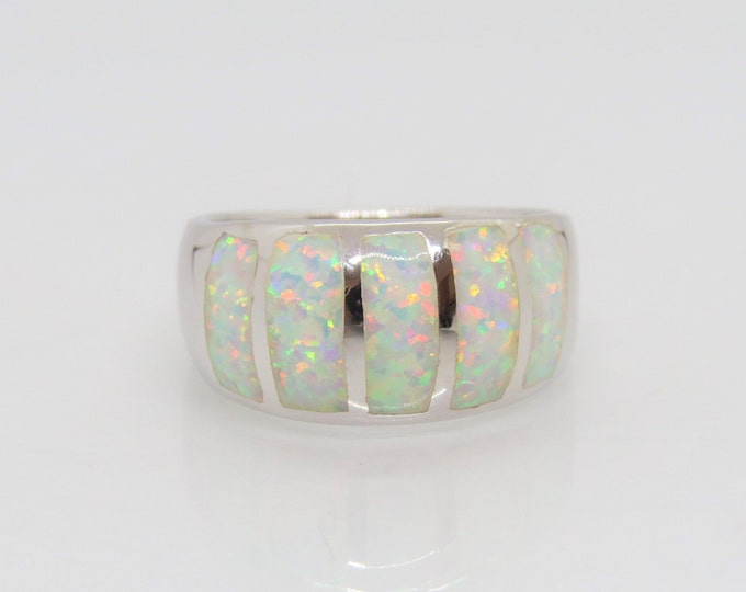 Sterling Silver White Opal Dome Band Ring Size 8