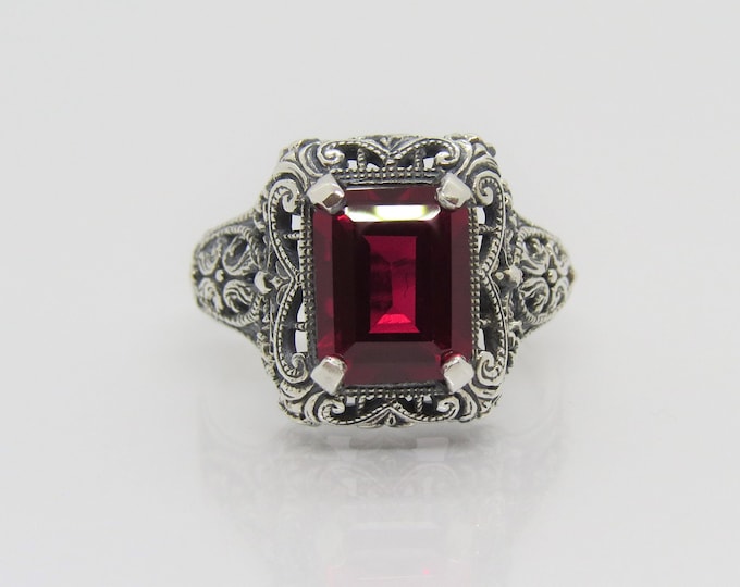 Sterling Silver Ruby Filigree Ring Size 9