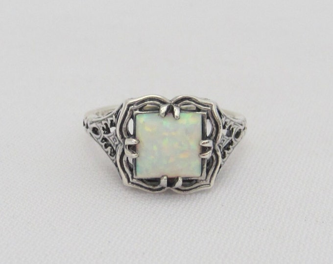 Sterling Silver Opal Filigree Ring Size 7