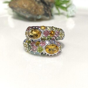 Vintage Sterling Silver Natural Citrine & Peridot, Tanzanite, Tourmaline Ring Size 7 1/2