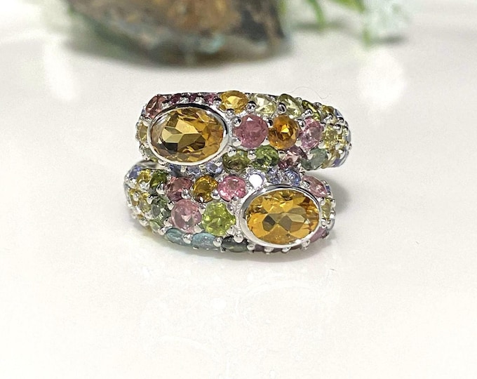 Vintage Sterling Silver Natural Citrine & Peridot, Tanzanite, Tourmaline Ring Size 7 1/2