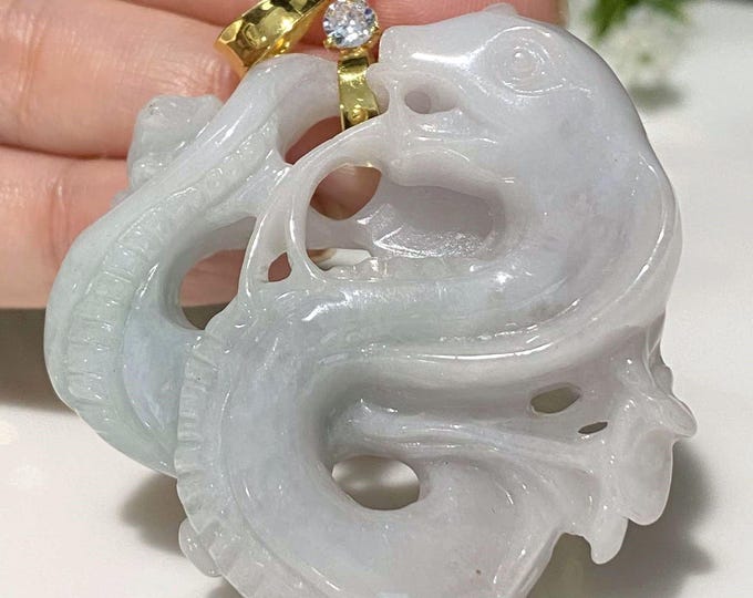 Vintage 14K Solid Yellow Gold Natural Light Lavender, Green Jadeite Jade, White Topaz Snake Pendant.