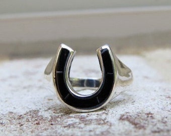 Vintage Sterling Silver Black Onyx Horseshoe Men's Ring.