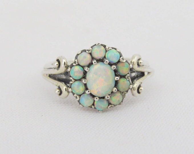 Vintage Sterling Silver White Opal Cluster Ring Size 9