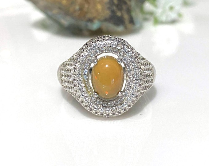 Vintage Sterling Silver Natural Oval cut Fire Opal & White Topaz Ring Size 7