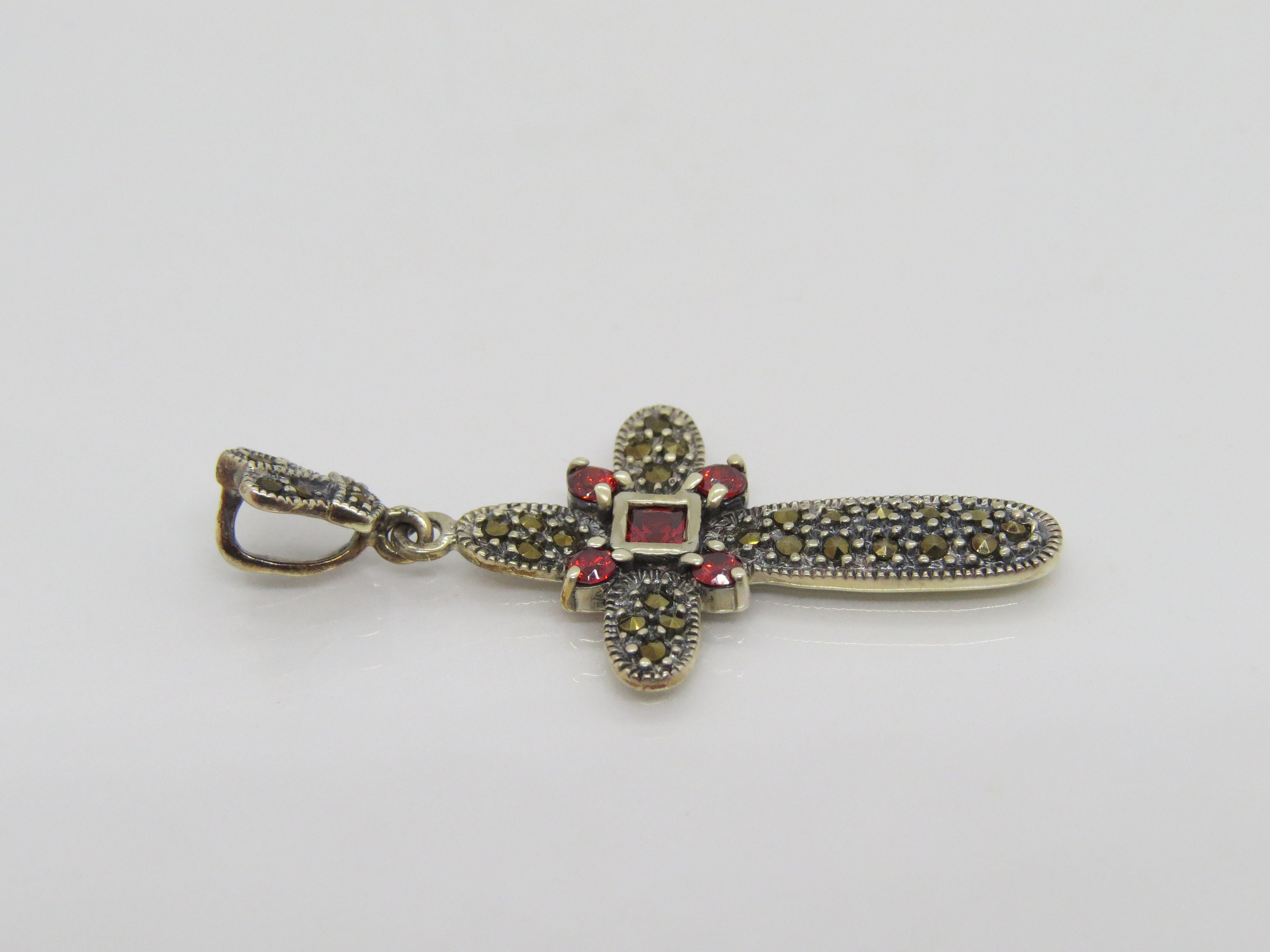 Vintage Sterling Silver Garnet & Marcasite Cross Pendant - Etsy