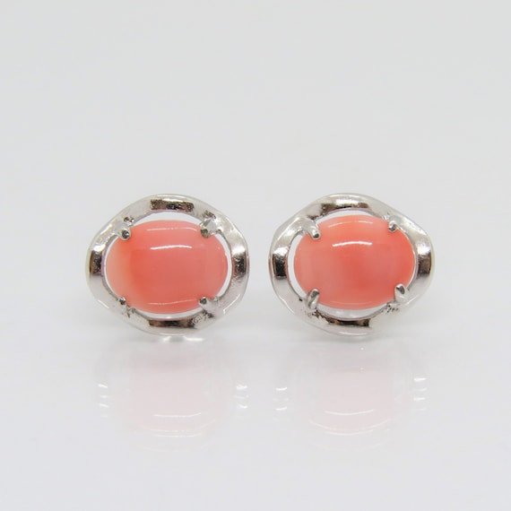 Vintage Sterling Silver Oval Salmon Coral Earrings - image 1