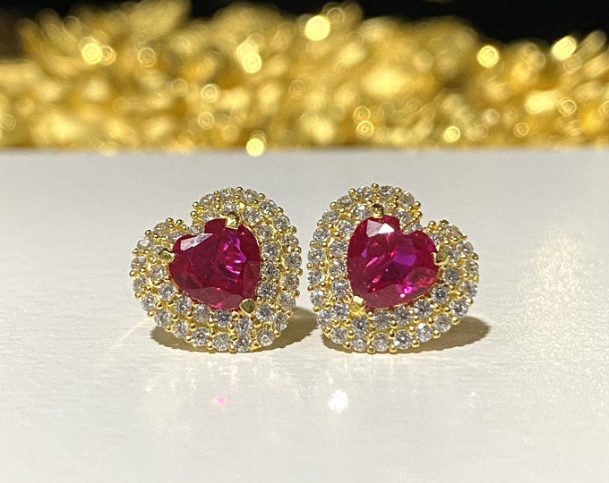 Vintage 15K 610 Solid Yellow Gold Ruby & White topaz Heart Earrings.