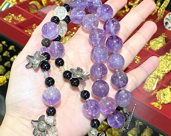 Vintage Sterling Silver Natural Amethyst, White Quartz & Black Onyx Bead Necklace 24''