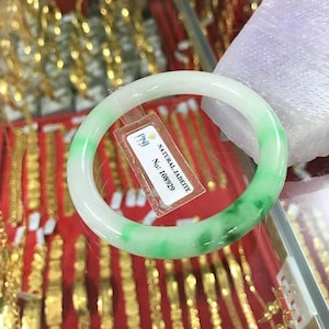 Vintage Translucent Natural Green, White Jadeite Jade Bangle Bracelet 52.7MM