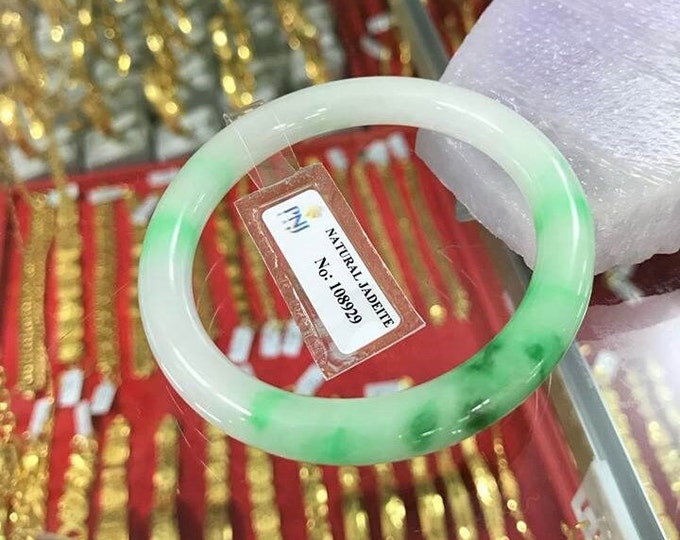 Vintage Translucent Natural Green, White Jadeite Jade Bangle Bracelet 52.7MM