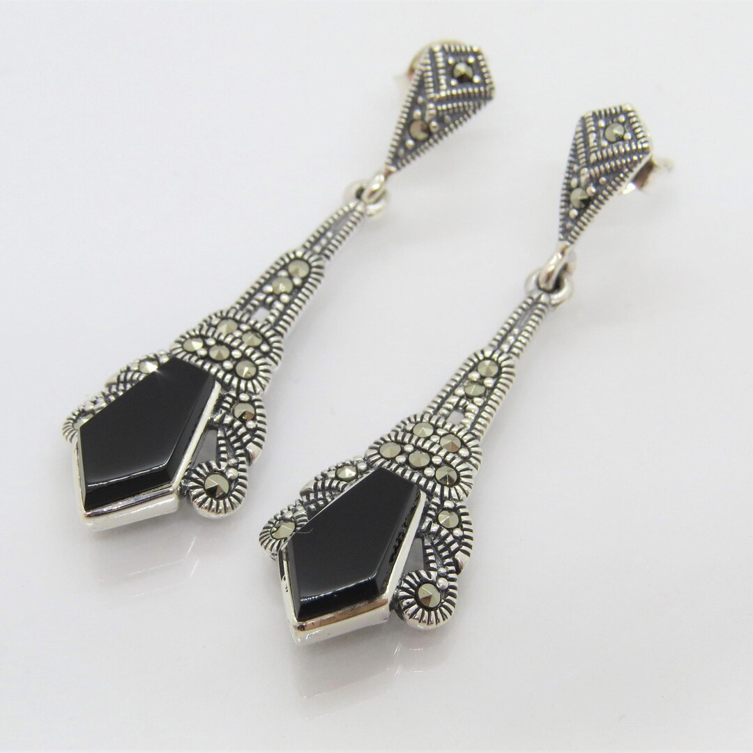 [BLACKMUSE] チェジウ着用☆Antique stone drop Earrings Vintage Sterling Silver Black Onyx & Marcasite Drop Earrings