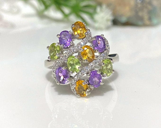 Vintage Sterling Silver Natural Amethyst, Peridot, Citrine & White Topaz Ring Size 7