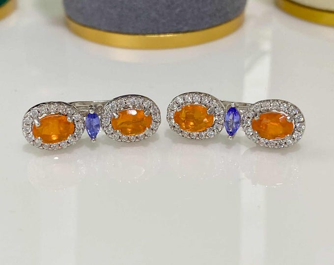 Vintage Sterling Silver Natural Orange Fire Opal & Tanzanite Earrings.