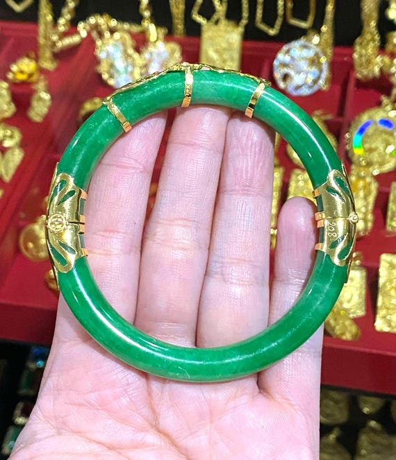 Bracelet Semi-rigide En Or Jaune 18 Carats Avec Jade Vert Et Onyx - Rondes - Longueur 19cm