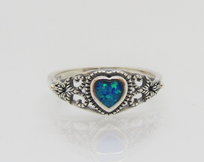 Sterling Silver Blue Opal Heart Filigree Ring Size 6