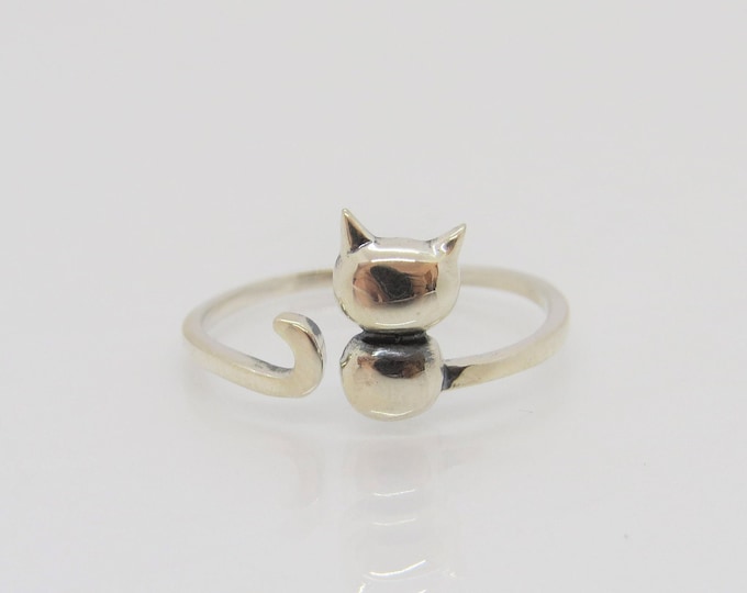 Vintage Sterling Silver Kitty Cat Adjustable Ring Size 8