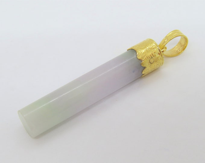 Vintage 18K Solid Yellow Gold Natural Light Purple Lavender, Green Jadeite Jade Bamboo Carved Pendant