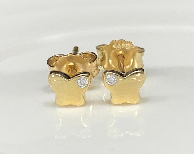 Vintage 14K Solid Yellow Gold Diamond Butterfly Stud Earrings.