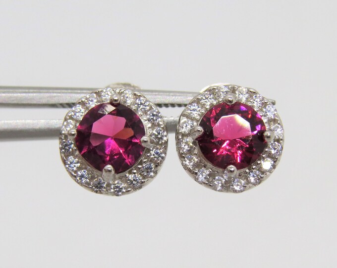 Vintage Sterling Silver Ruby & White Topaz Halo Earrings
