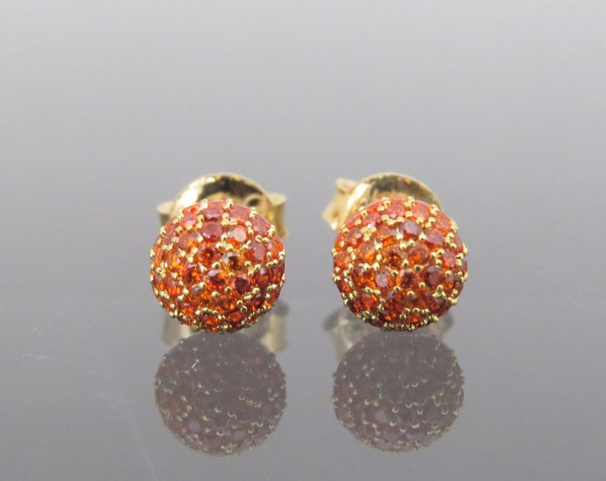 Vintage 18K Solid Yellow Gold Orange Opal Pave Ball Stud Earrings