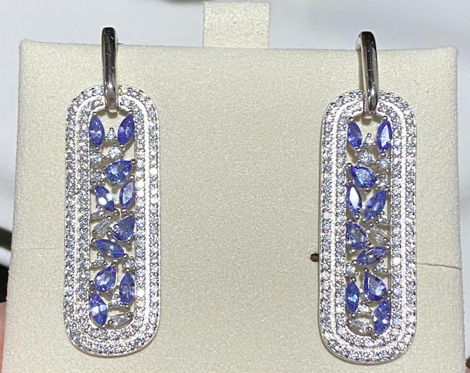Vintage Sterling Silver Natural Tanzanite & White Topaz Dangle Earrings.