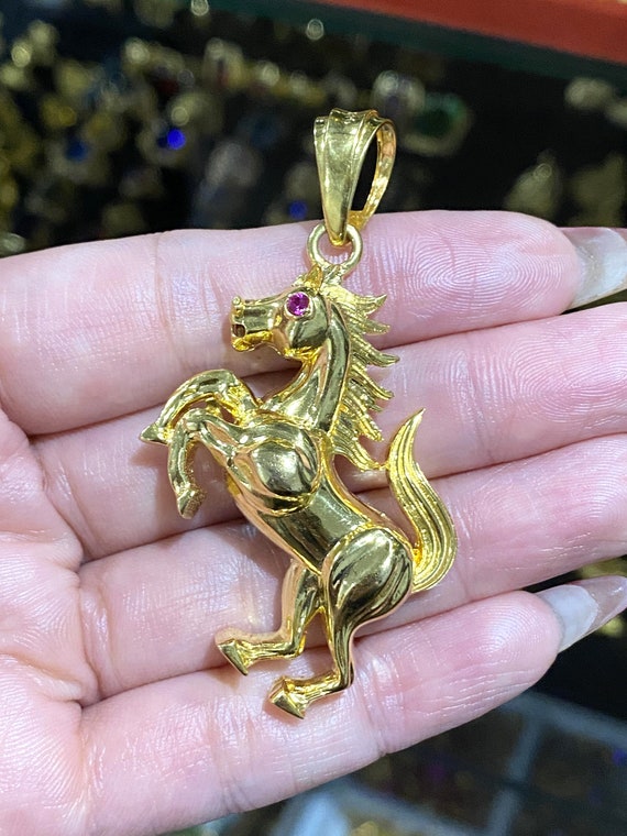 Vintage 15K 610 Solid Yellow Gold Ruby Horse Pend… - image 9