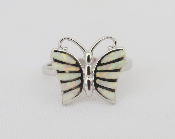 Sterling Silver Inlay White Opal Butterfly Ring Size 8