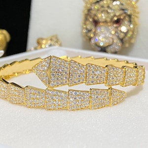 18K Solid Yellow Gold White Topaz Snake Bangle Bracelet 54MM 7''