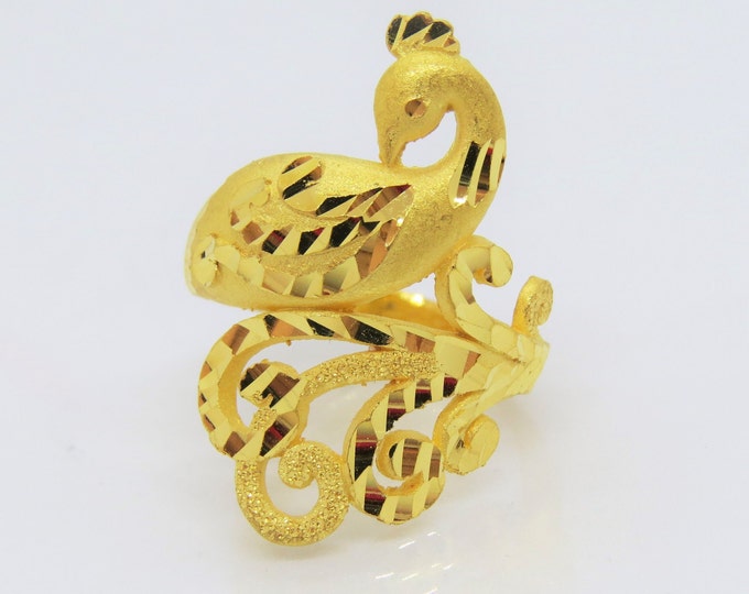 24K 980 Solid Gold Diamond cut Peacock Wedding Vintage Ring Size 6.25