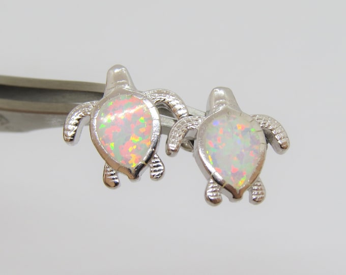 Vintage Sterling Silver White Opal Turtle Stud Earrings.