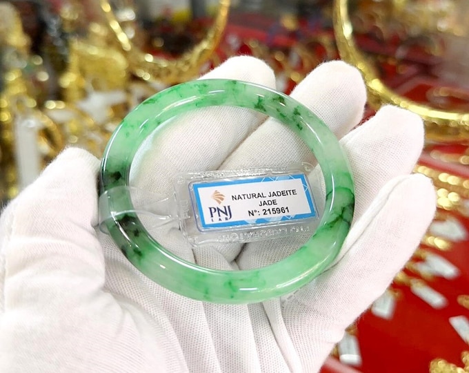 Vintage Translucent Natural Green, White & Black Jadeite Jade Bangle Bracelet 56.6MM