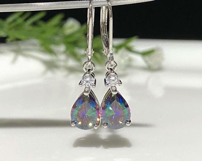 Vintage Sterling Silver Rainbow Topaz & White Topaz Dangle Earrings.