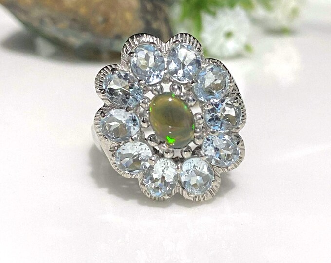 Vintage Sterling Silver Natural Black Fire Opal & Aquamarine Ring Size 8 1/2