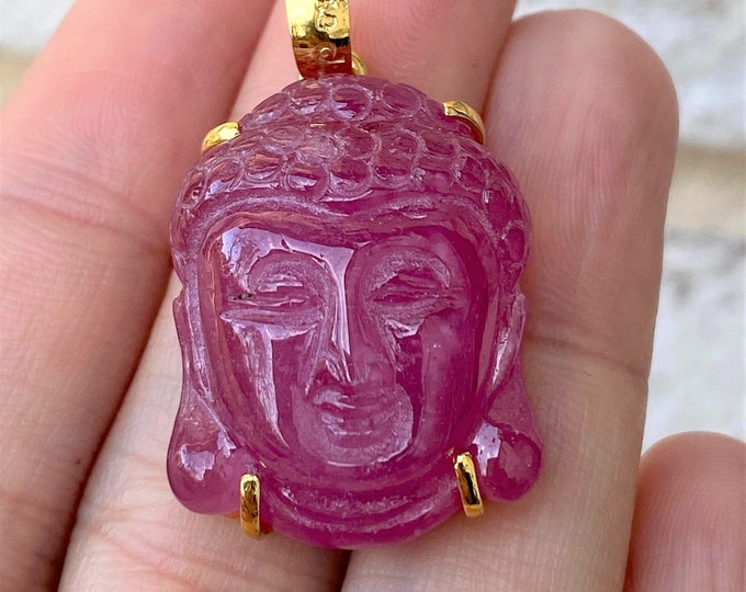 Vintage 18K Solid Yellow Gold 60.5cts Natural Ruby Buddha Head Pendant