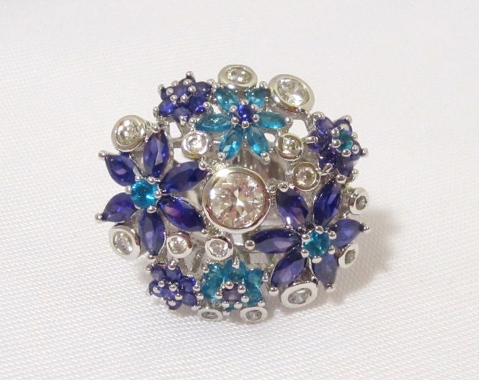 Vintage Modernist Sterling Silver Mix Gemstone Flower Adjustable Ring Size 6.25