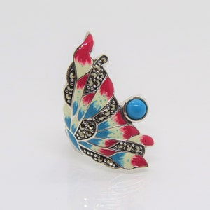Vintage Sterling Silver Enamel Turquoise & Marcasite Long Ring Size 9
