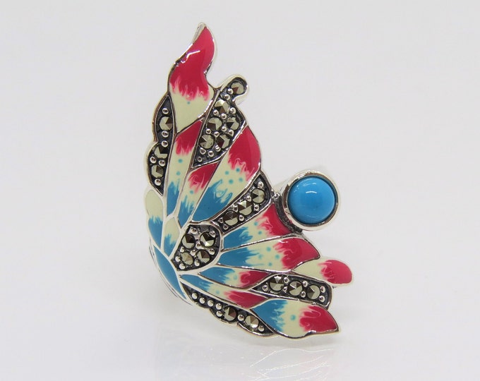 Vintage Sterling Silver Enamel Turquoise & Marcasite Long Ring Size 9