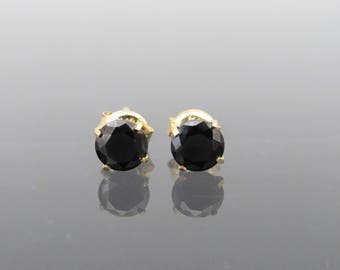 Vintage 18K Solid Yellow Gold Round cut Black Sapphire Stud Earrings