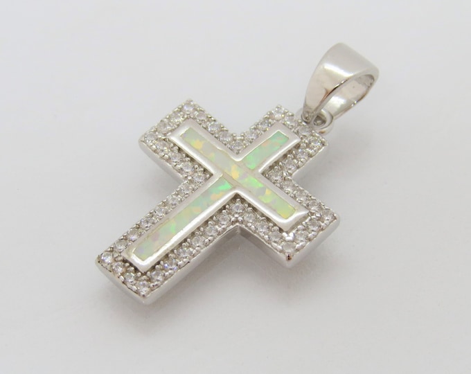 Vintage Sterling Silver White Opal & White Topaz Cross Charm Pendant